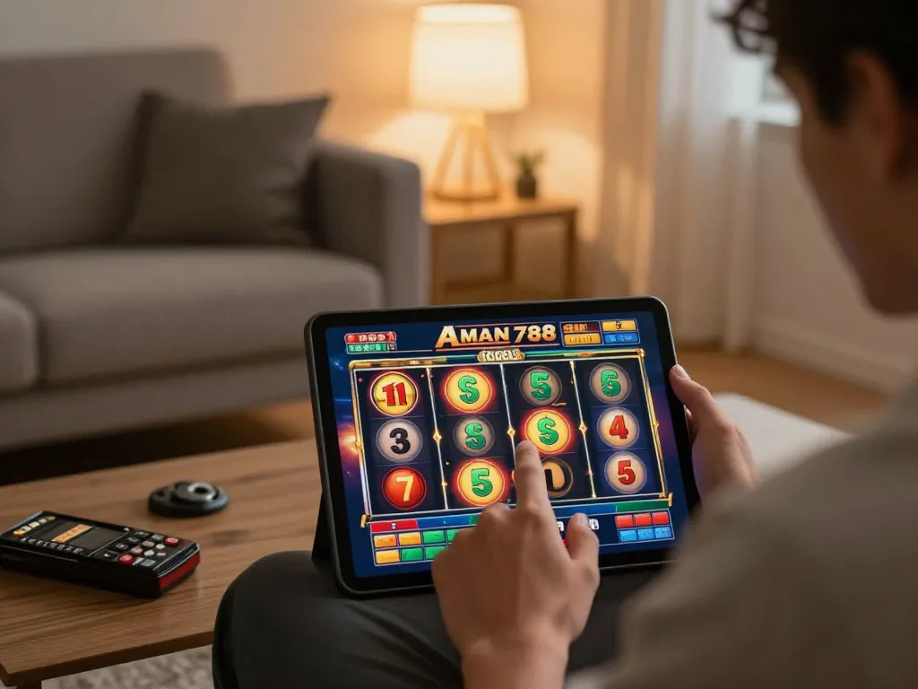 Pemain mengalami permainan slot AMAN788 di tablet dalam suasana rumah yang hangat dengan ambiance yang nyaman.