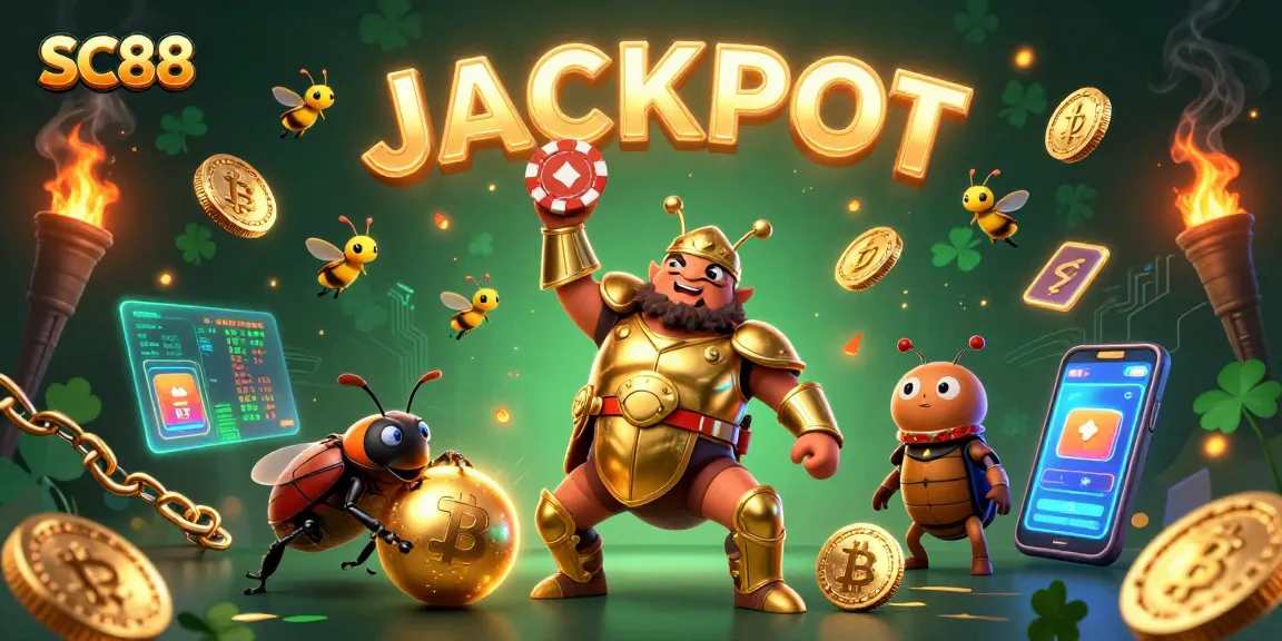 Celebrate wins at SC88 with a victorious beetle, glowing jackpots, and crypto excitement.