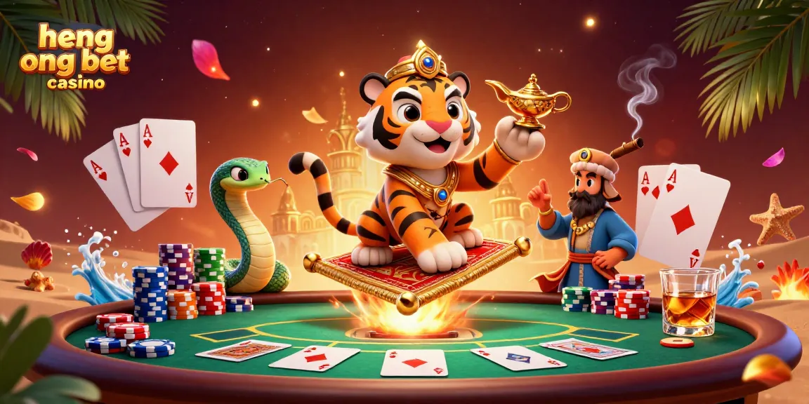 Experience excitement at heng ong bet casino with a vibrant casino scene featuring the tiger sultan, poker elements, and animated richness.
