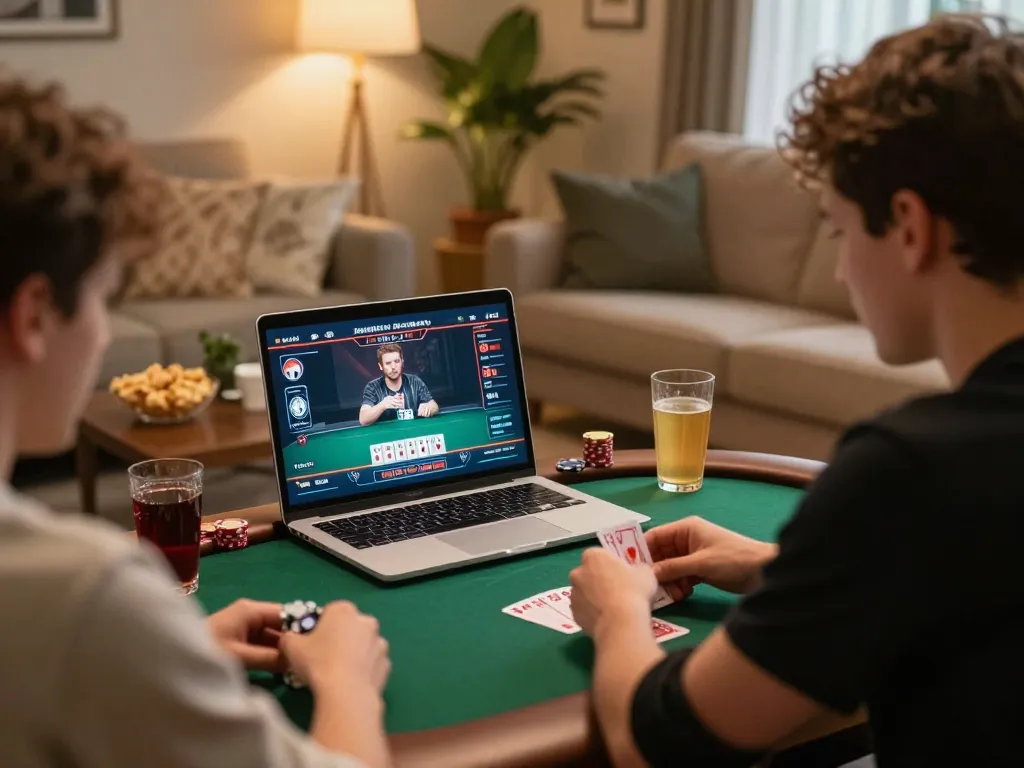 Engaging in kp88 đăng nhâp online poker at home, with players analyzing cards on a laptop.