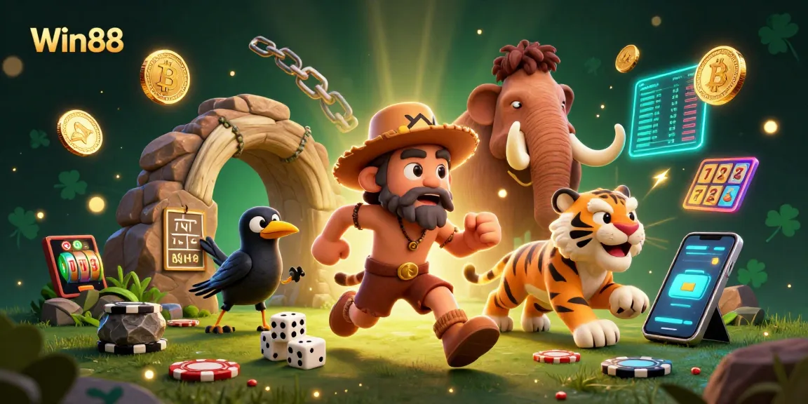 Win88 showcases a vibrant 3D casino scene with characters and crypto elements, highlighting gaming excitement.