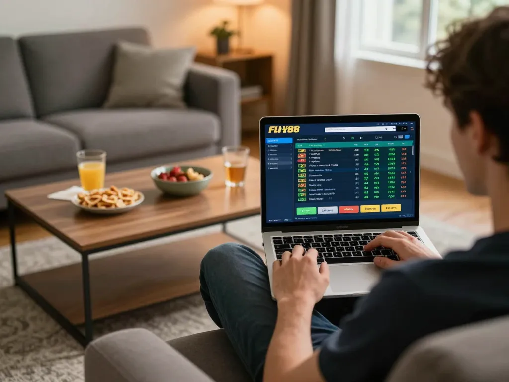 Person engaging in fly88 đăng ký while enjoying home sports betting on their laptop, surrounded by snacks.