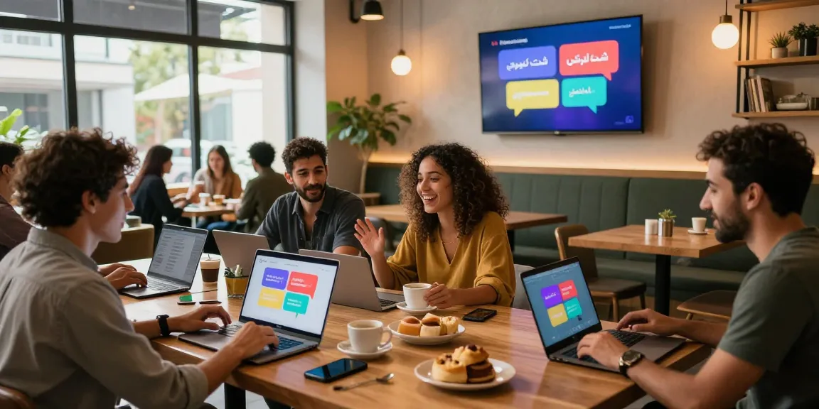 Dynamic chat room scene showcasing شات الرياض interactions, with diverse people engaging in lively conversations over coffee.