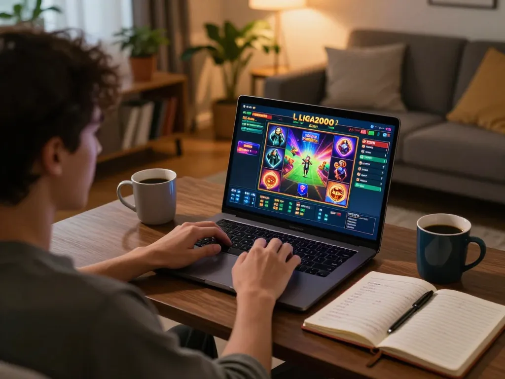 LIGA2000 online slot game in action on laptop screen, capturing home gaming excitement and strategy.