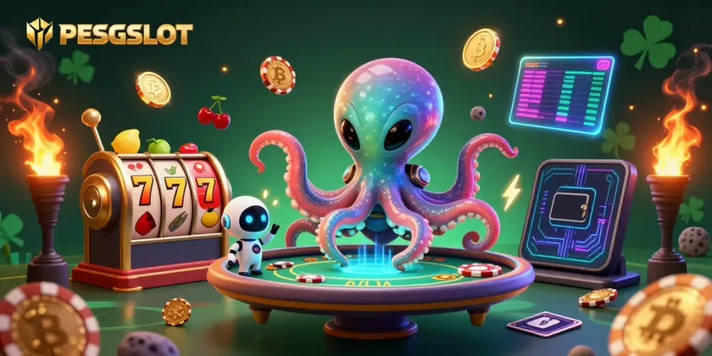 PESGSLOT menghadirkan ilustrasi 3D ceria dengan karakter slot, alien, dan elemen kripto berkilau.