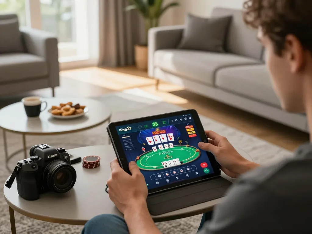 Engaged player using the king33 casino app on a tablet in a cozy home setting.