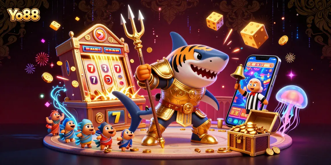 Experience the thrill of Yo88's underwater casino with a tiger shark leader and dynamic game elements.