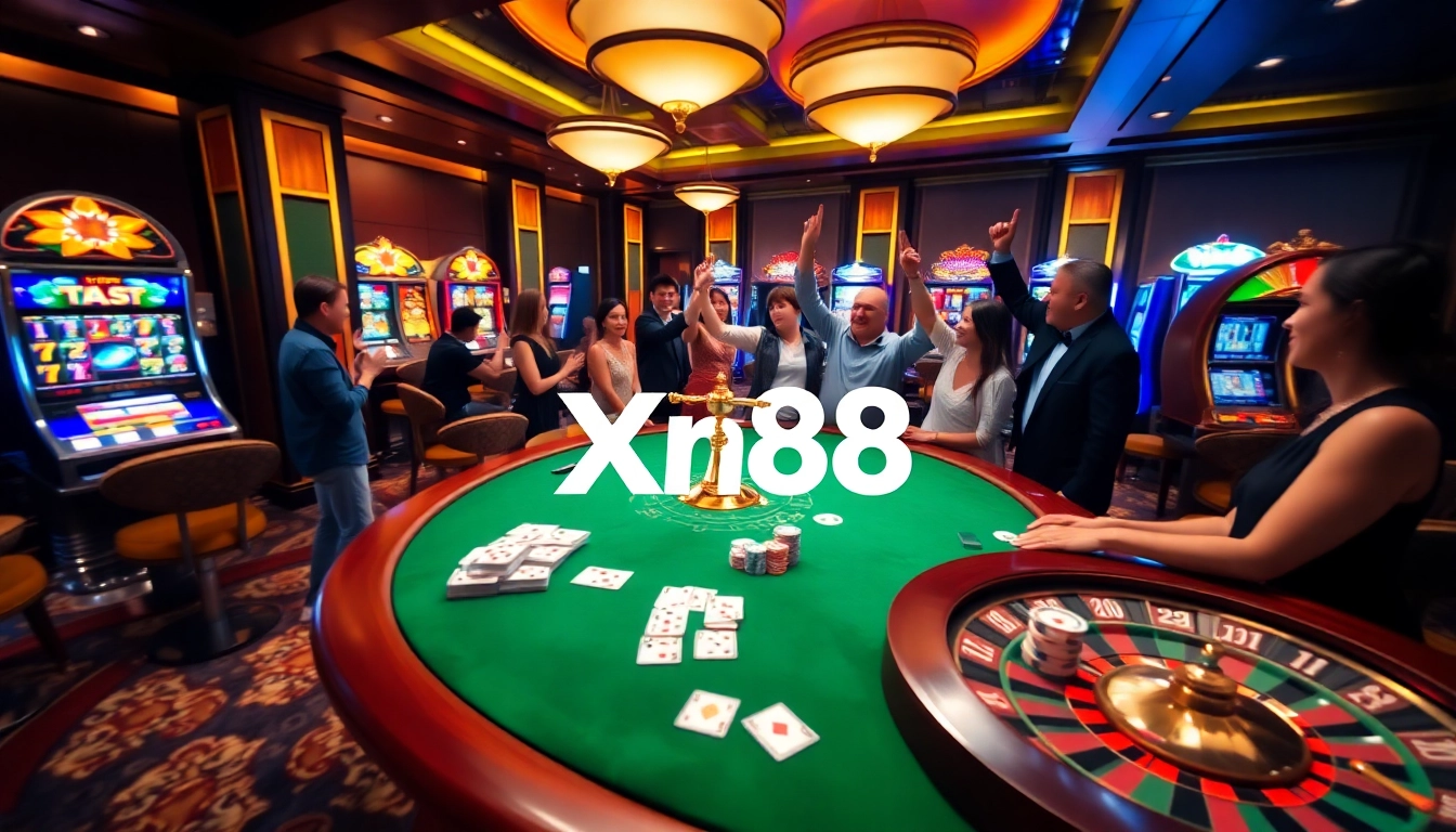 Experience the thrill of Xin88 with a vibrant casino scene featuring poker, roulette, and excited gamblers.