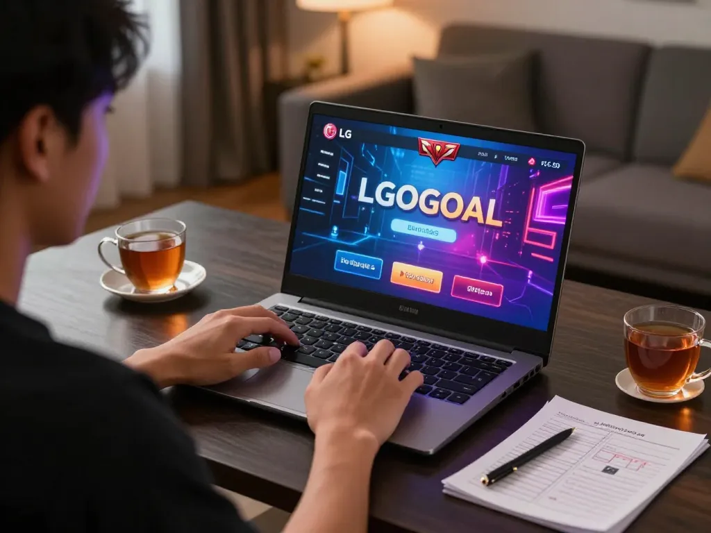 Player engaging with LGOGOAL online gaming platform on laptop in a cozy home setting.