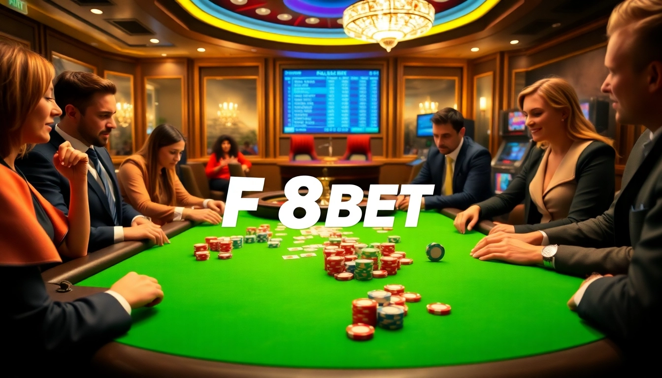 F8BET players at a luxurious casino table enjoying poker and betting excitement.