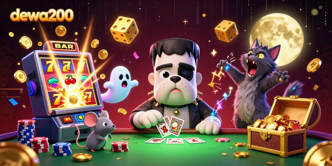 dewa200 bersenang-senang dengan mesin slot 3D yang mengeluarkan koin emas dan simbol keberuntungan.