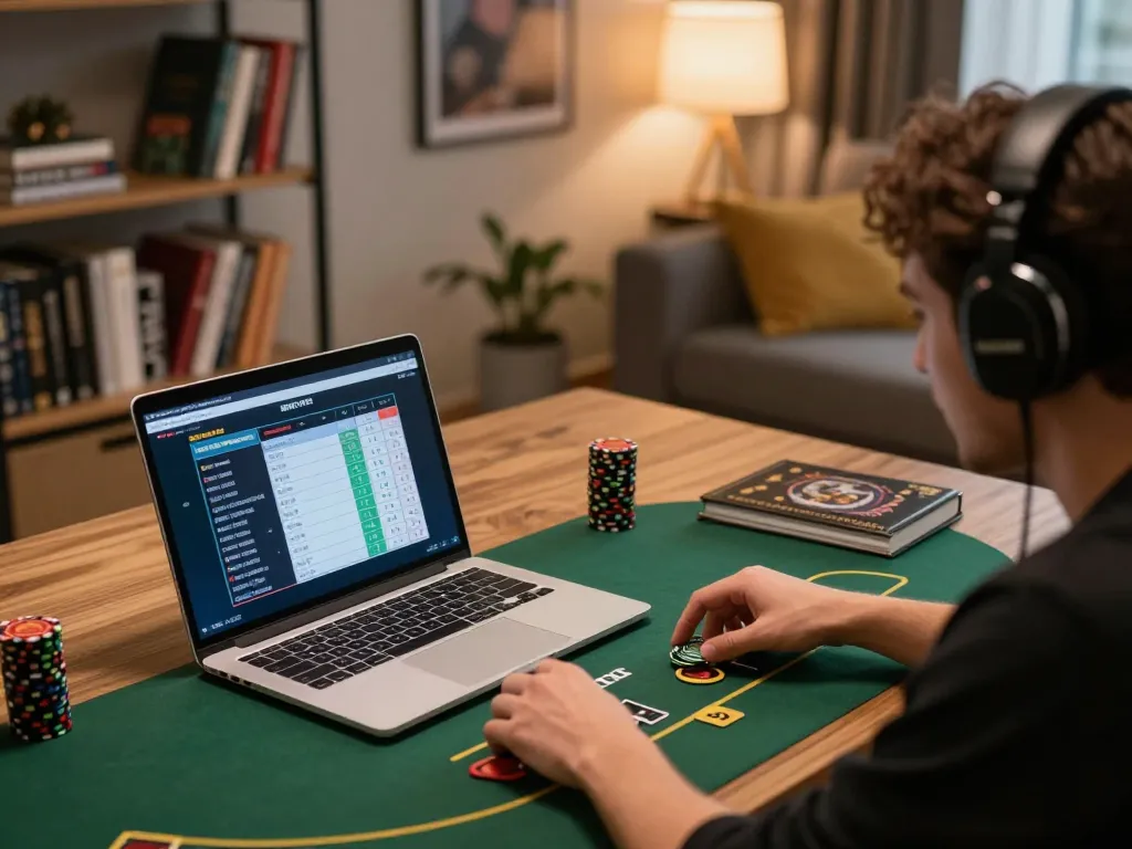 Engaging in Daftar IDNSCORE live dealer poker game at home, focused on strategy