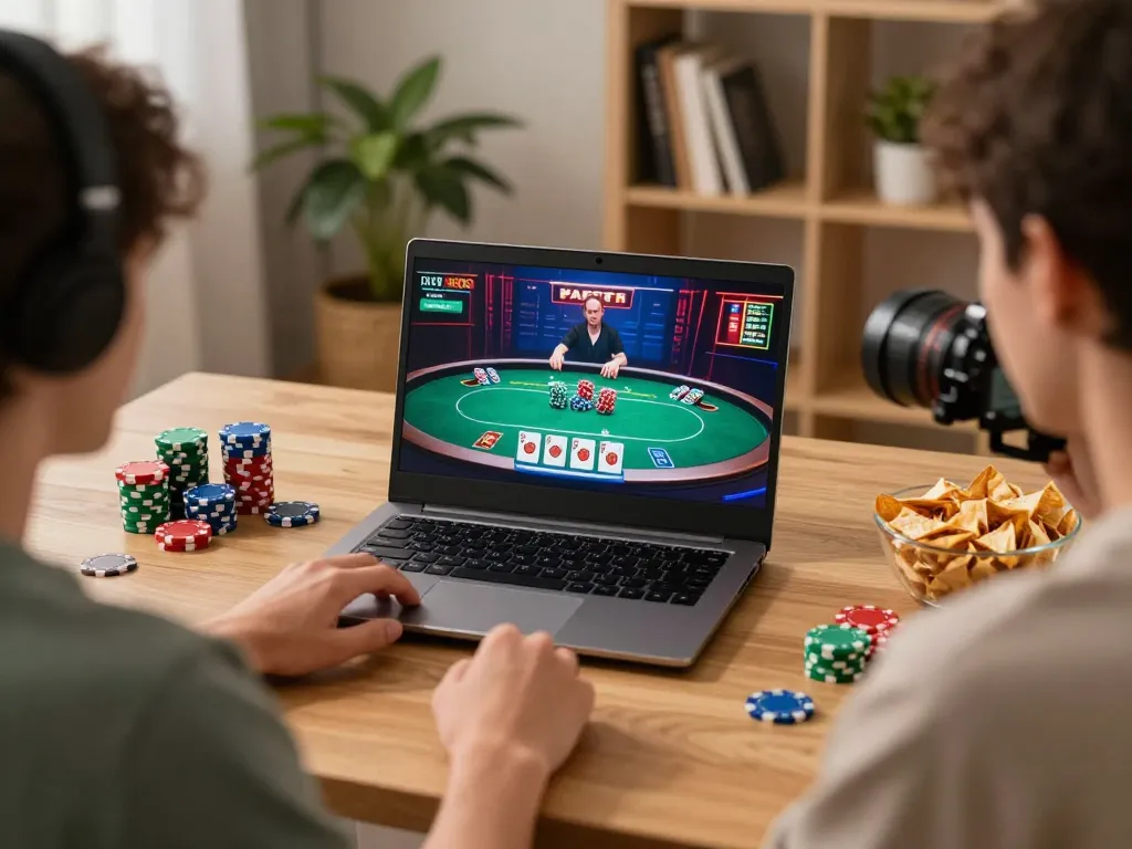 Engaging on 78win through an online poker game on a laptop in a cozy home setting.