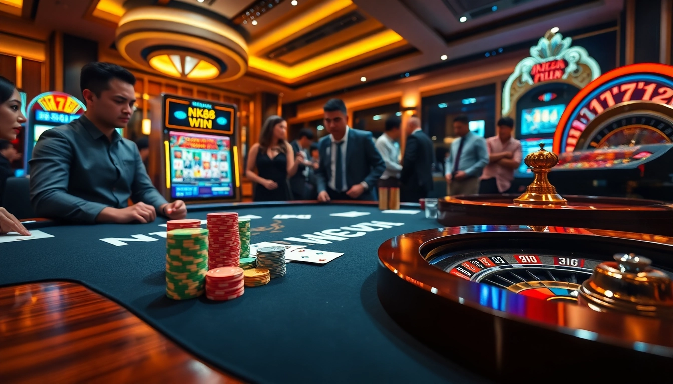 Players strategically placing bets at NK88 win poker table with vibrant chips and digital interfaces