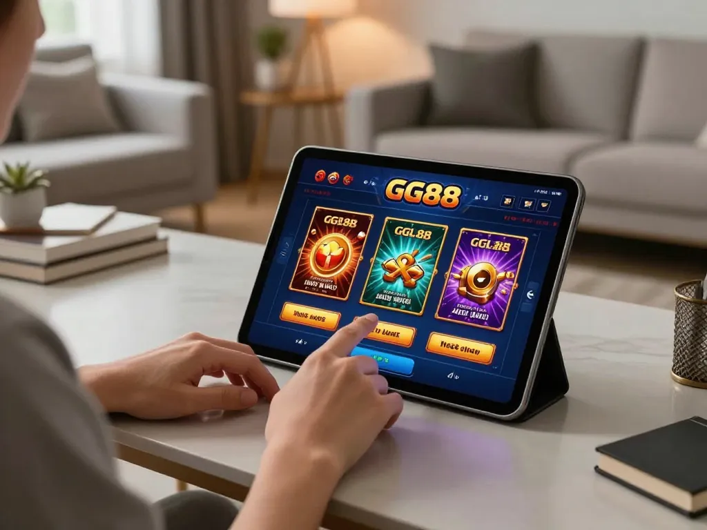 Player engaging with the GG88 casino app on a tablet in a cozy home setup, highlighting online gambling.
