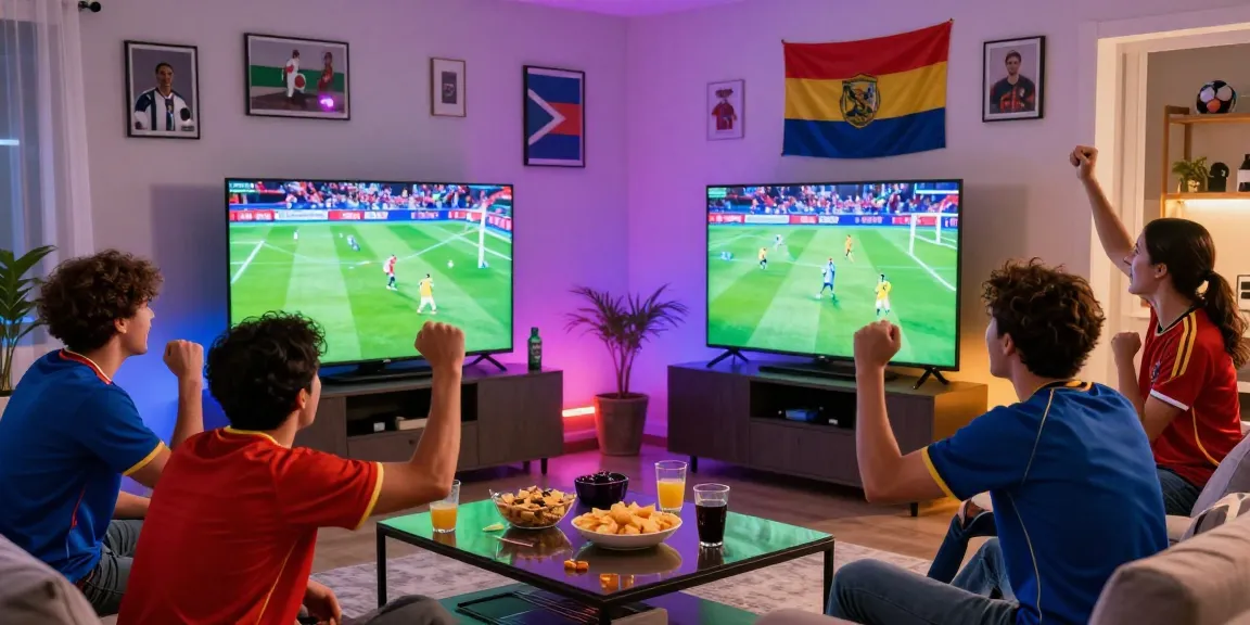 Friends cheering while watching مباريات كأس العالم 2026 in a vibrant living room setting.