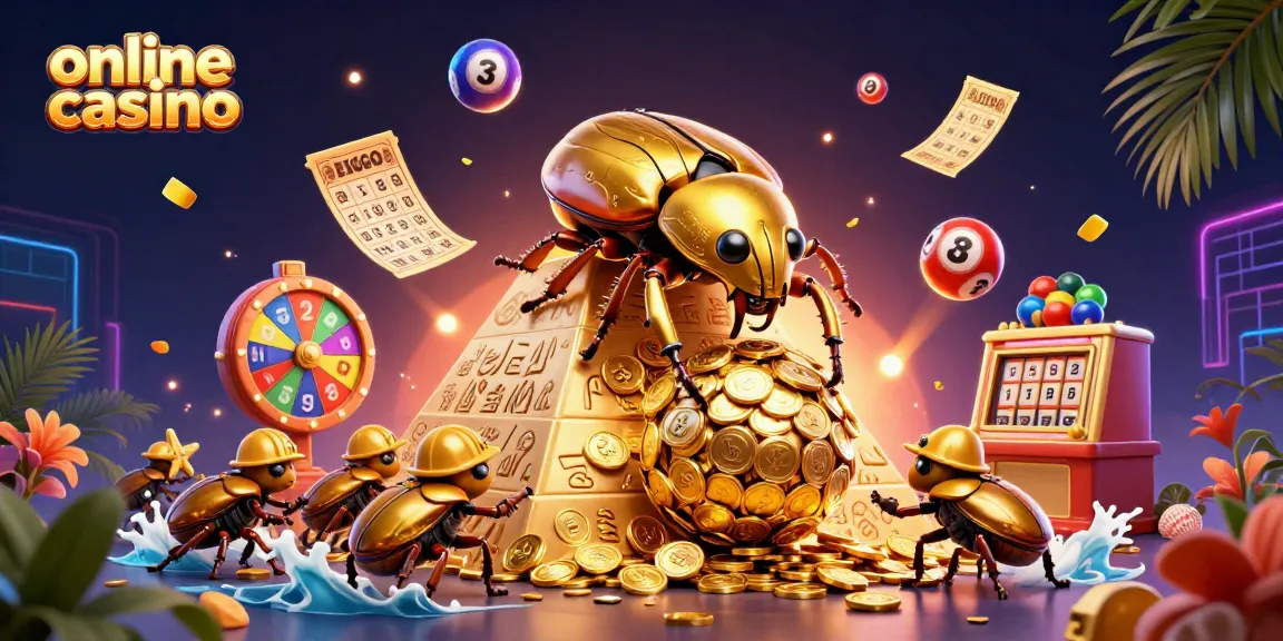 Experience the vibrant online casino scene with a golden beetle surrounded by dynamic gaming elements.