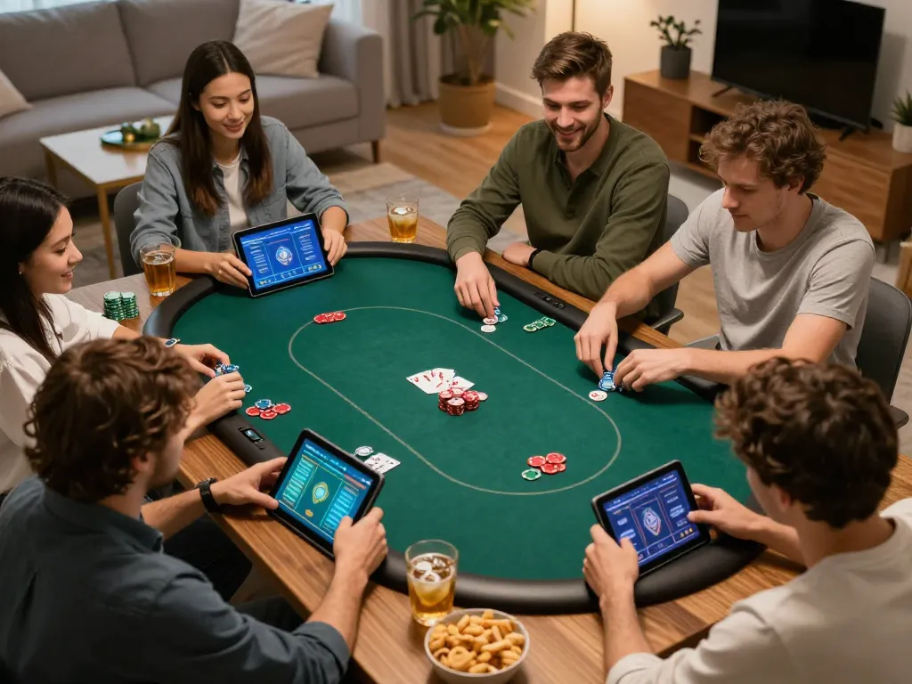 gincal players strategizing in an engaging online poker game, showcasing excitement and social interaction