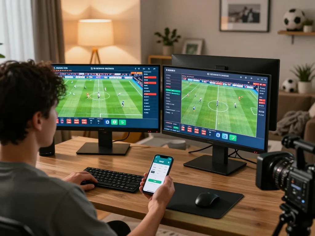 Engaging viewer analyzing live sports odds on xoilactv39 with smartphone and multiple screens in a cozy atmosphere.