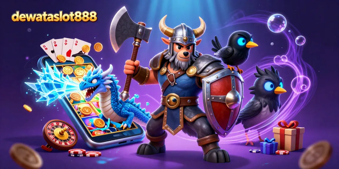 dewataslot888 memadukan karakter Viking dan naga dalam ilustrasi yang menonjolkan permainan slot.