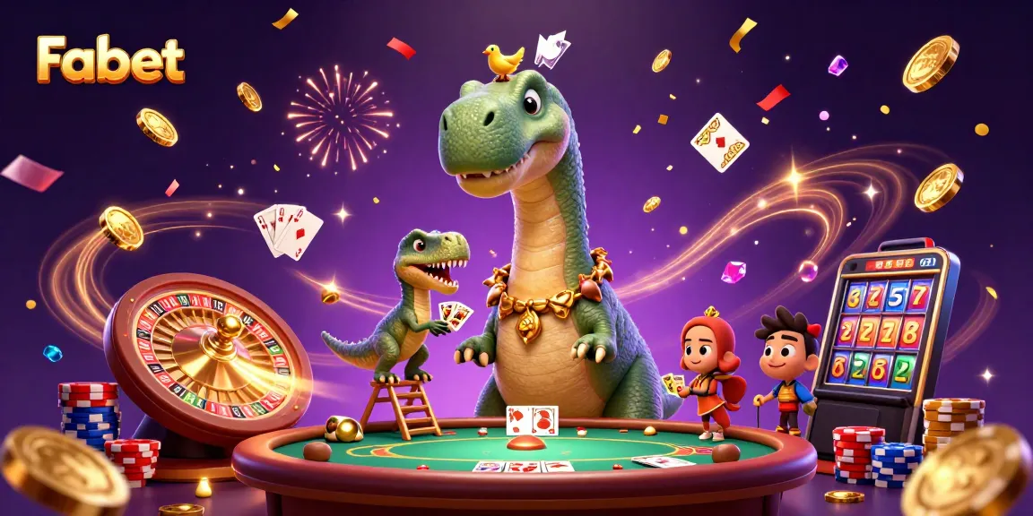 Fabet brings excitement as the brontosaurus watches a raptor deal cards amidst a vibrant casino scene.