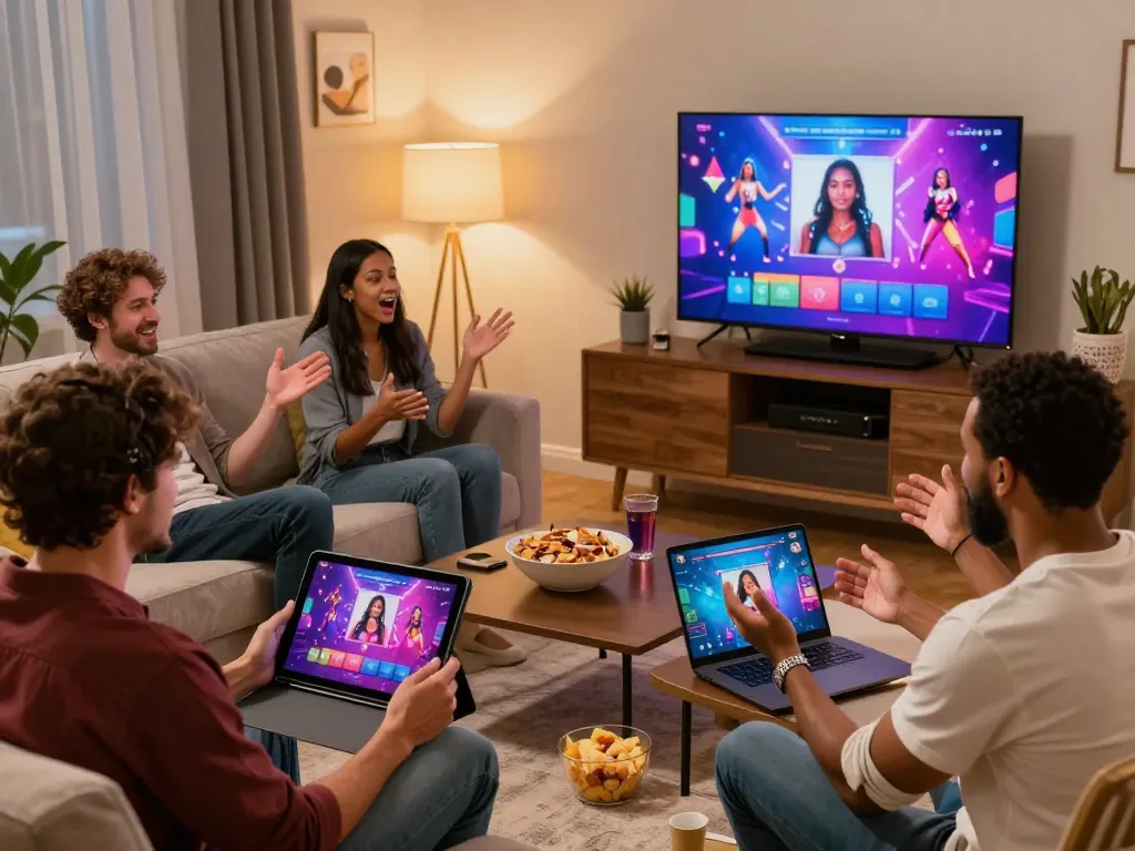 Engaging adults playing porngames together in a vibrant living room setting, showcasing interactive gaming experience.