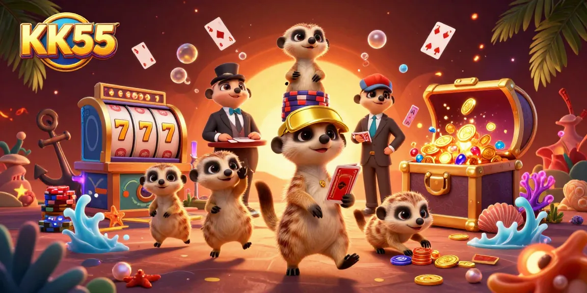 Engage in thrilling slots action at KK55 with playful meerkats managing a vibrant casino.
