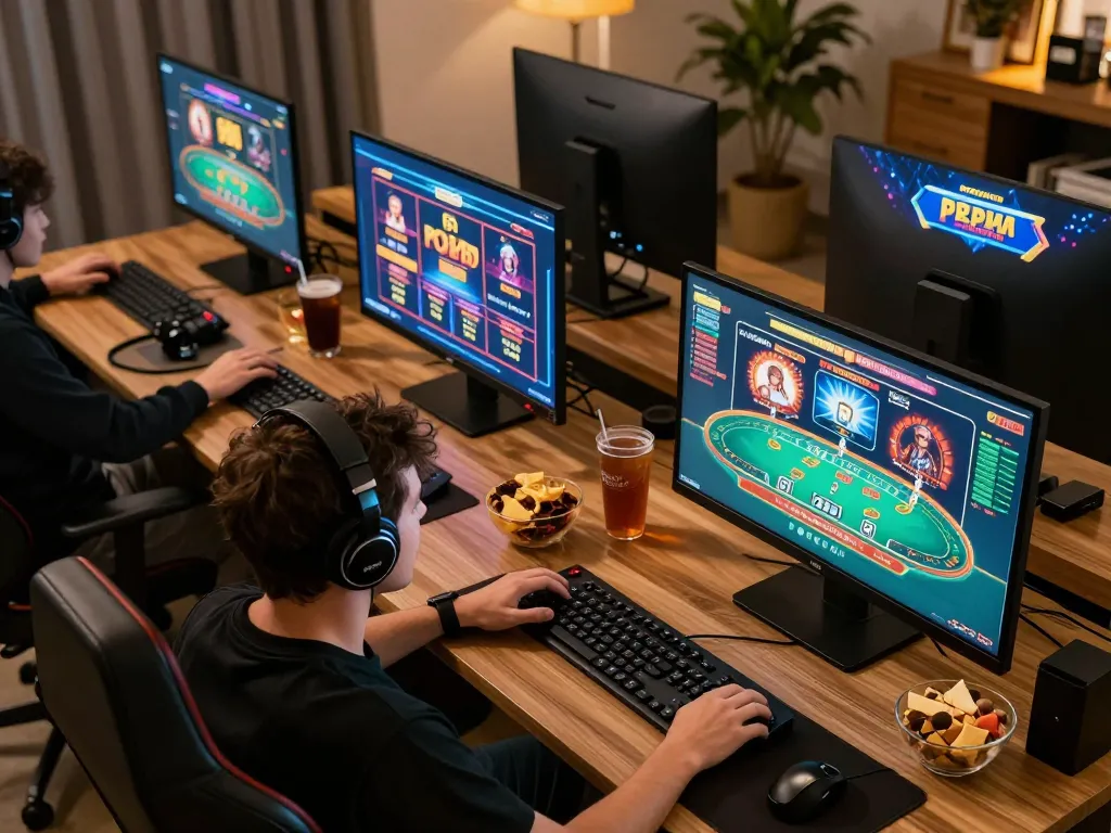 Players enjoying a live dealer game on 78win's online casino platform within a cozy home setup