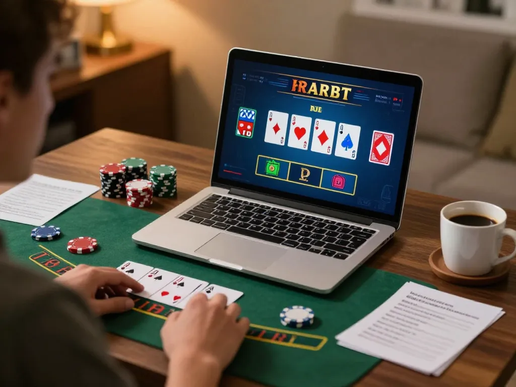Player enjoying open 88 blackjack game on laptop at home office, illustrating engaging online gambling.