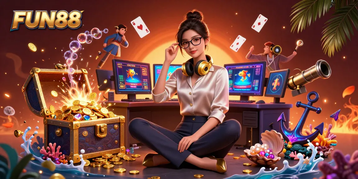 Experience thrilling casino games with FUN88 as a professional gamer oversees the vibrant action.
