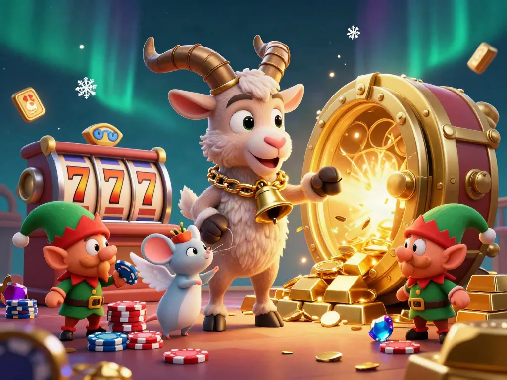 Engage with slot adventures as a festive Krampus goat oversees a bustling casino.
