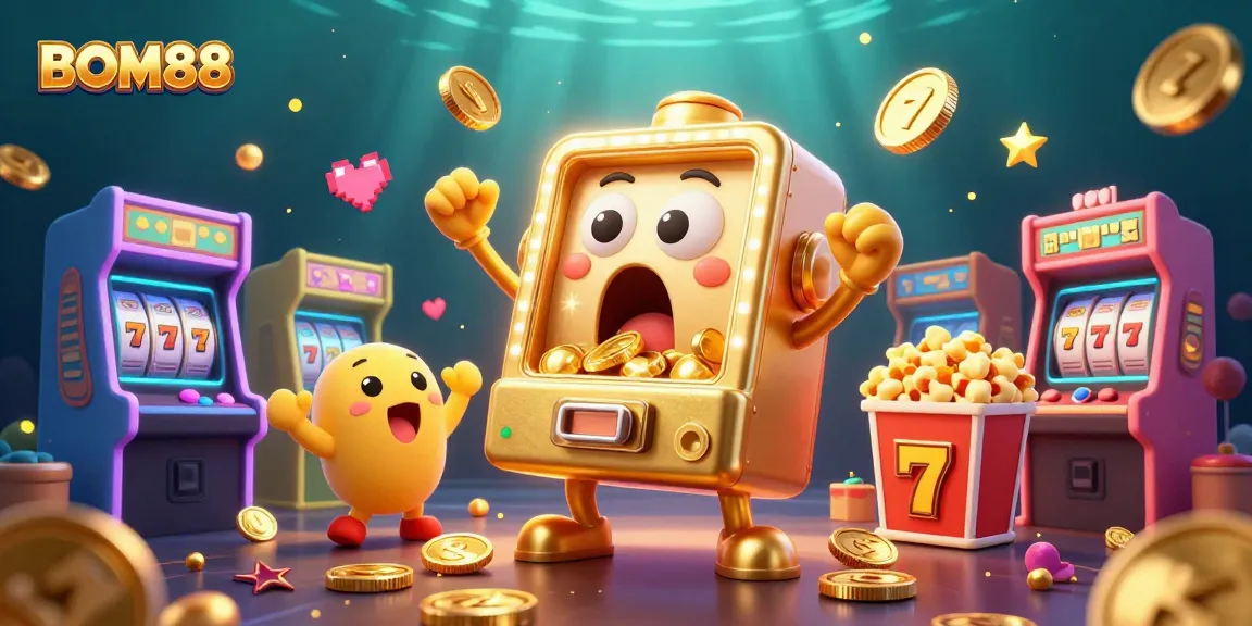 Experience thrills at BOM88 with a lively 3D cartoon scene of a slot machine hitting a jackpot.