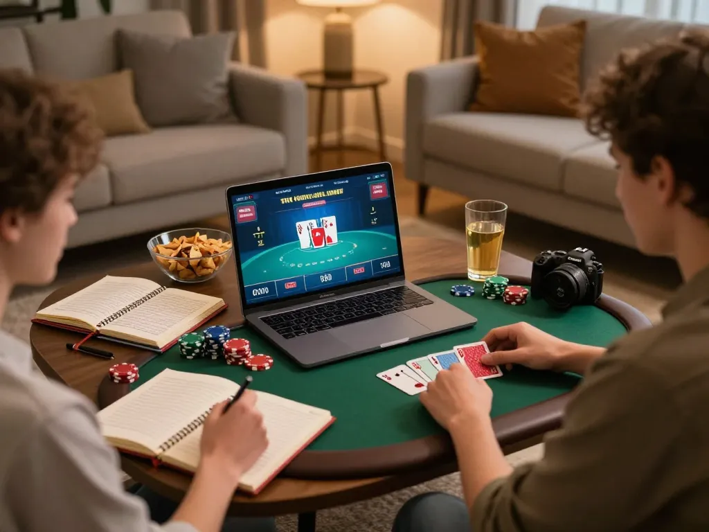 Engaging in an online poker game, showing keluaran sgp strategies with friends at home.
