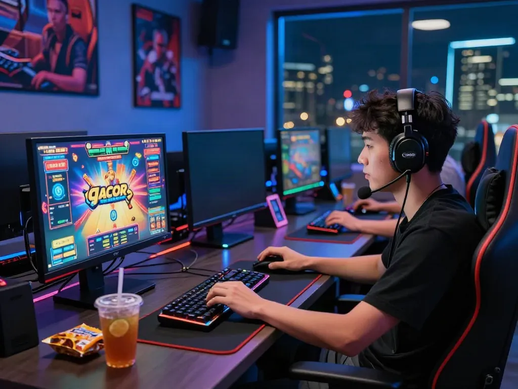 Exciting gaming atmosphere with slot gacor thailand on dual monitors featuring vibrant graphics.