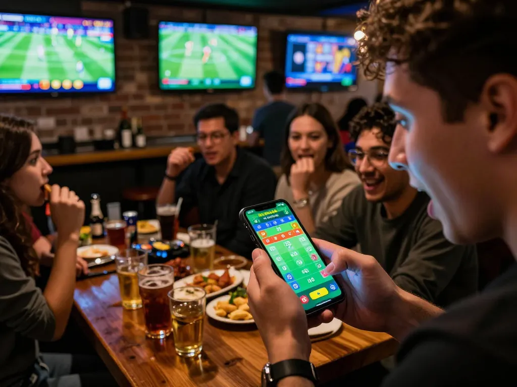 Exciting sports betting on kèo bóng đá trực tuyến hôm nay during a live match, with person using smartphone app surrounded by friends.