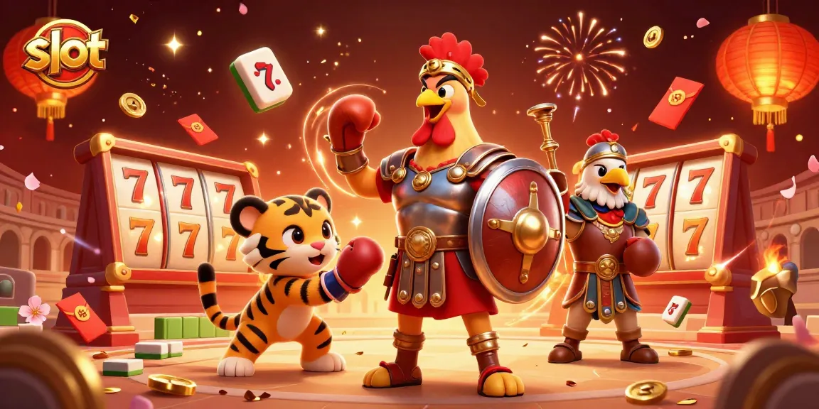 Rasakan keseruan bermain slot dengan ilustrasi 3D karakter ayam jantan dan berbagai elemen permainan.