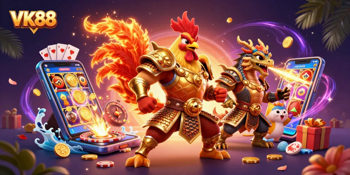 Play and win at VK88 with a thrilling 3D illustration featuring a dynamic rooster warrior and dragon amidst casino elements.