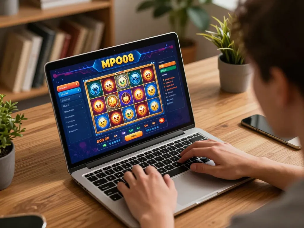 MPO08 platform displaying interactive slots game on laptop during home gaming session, emphasizing dynamic user engagement.