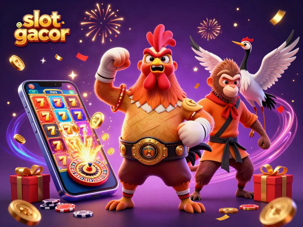Engage with slot online gacor through dynamic play and vibrant visuals, featuring fierce characters and colorful gaming elements.
