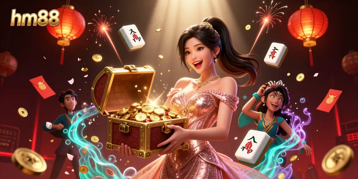 Experience the excitement of hm88 casino with a vibrant illustration showcasing treasures and vibrant gaming elements.