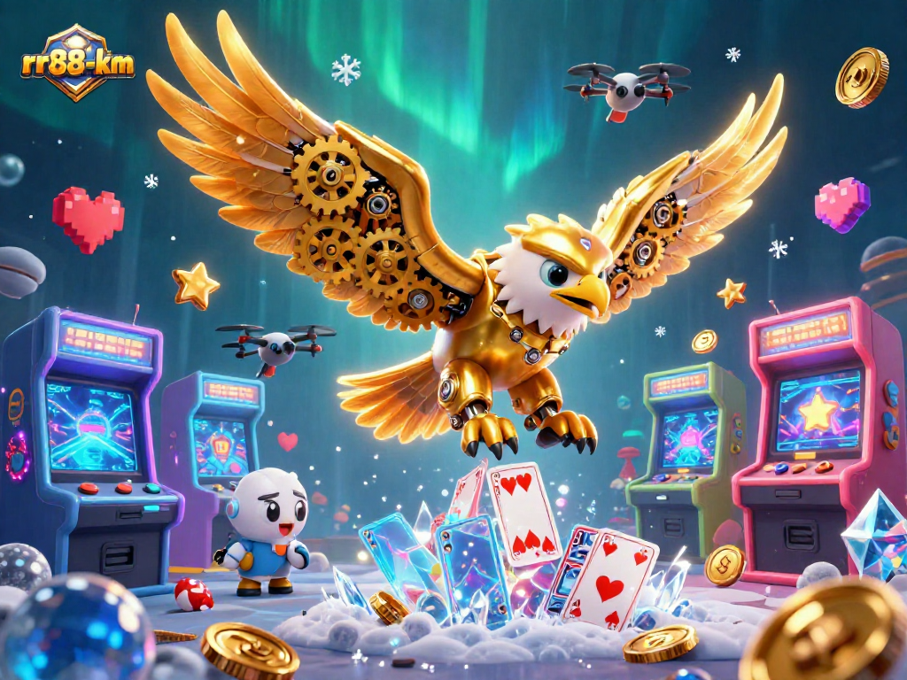 Experience thrilling gaming at rr88-km with a cybernetic eagle amidst dazzling casino elements.