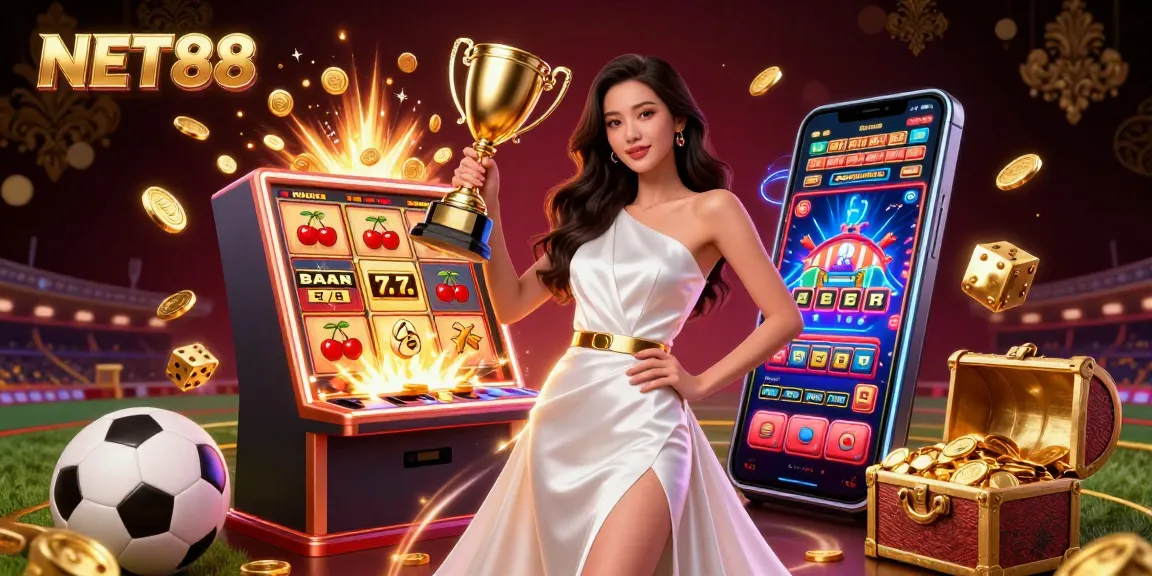 Experience the thrilling world of NET88 as a stunning Asian woman celebrates victory with sports betting elements in a vibrant casino scene.