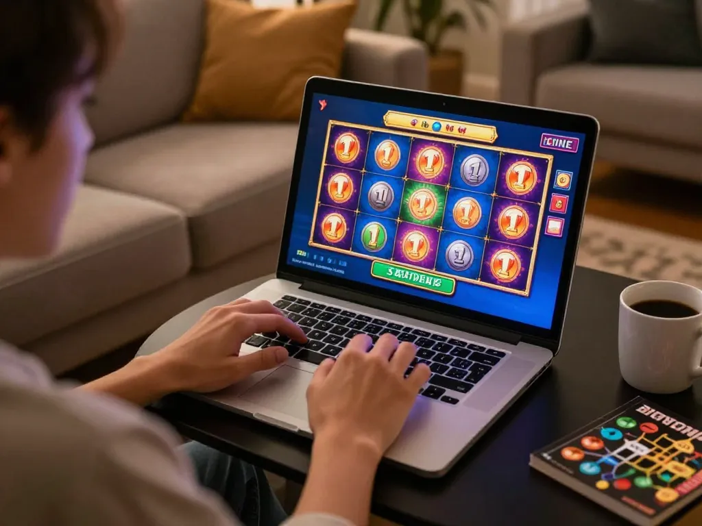 Pengguna Bintangmpo menikmati permainan slot online di lingkungan rumah yang nyaman dengan laptop dan catatan strategi.