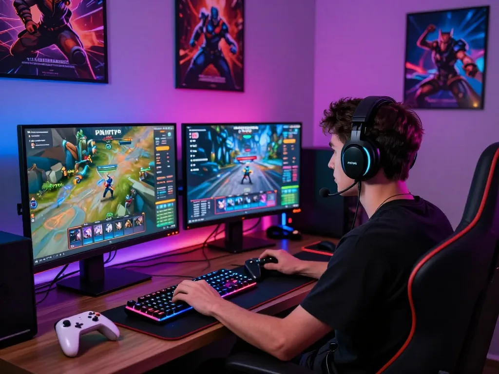 Engaged gamer experiencing the thrill of Rikvip's online gaming rewards in a vibrant gaming setup.