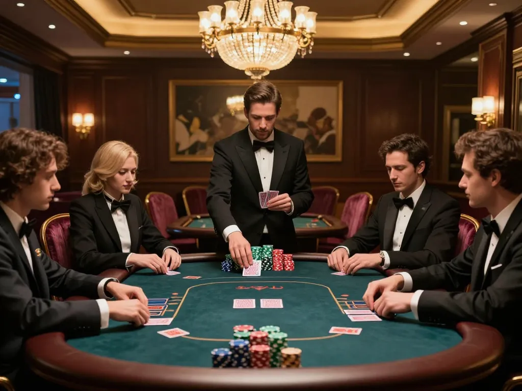 100vip players enjoy a luxurious poker game in an upscale casino environment with vibrant cash chips.