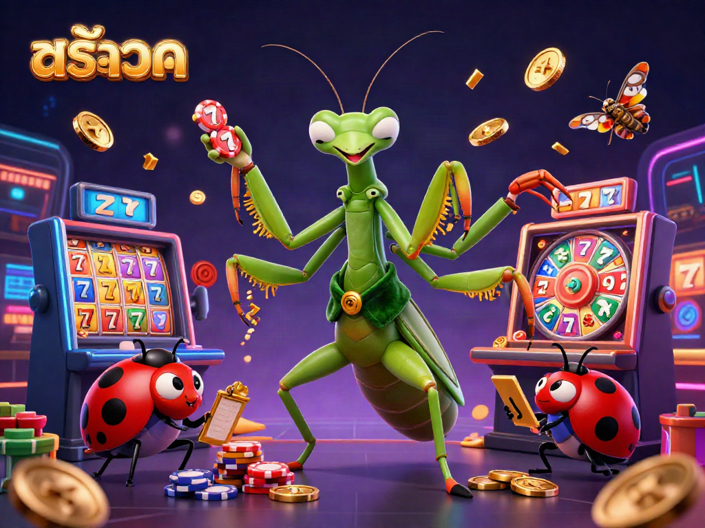 Engaging illustration showcasing สล็อต-themed excitement with a giant mantis and ladybug in a vibrant casino setting.