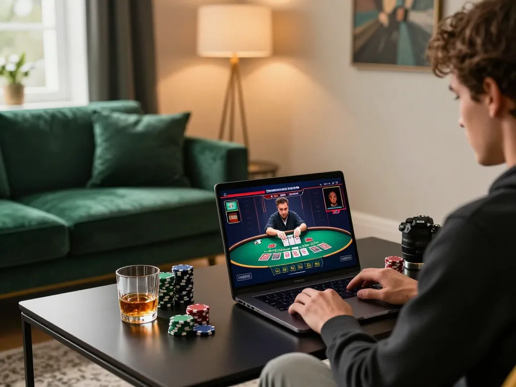 Engaging live dealer blackjack session on lv88seo laptop, showcasing dynamic gameplay and a stylish setup.