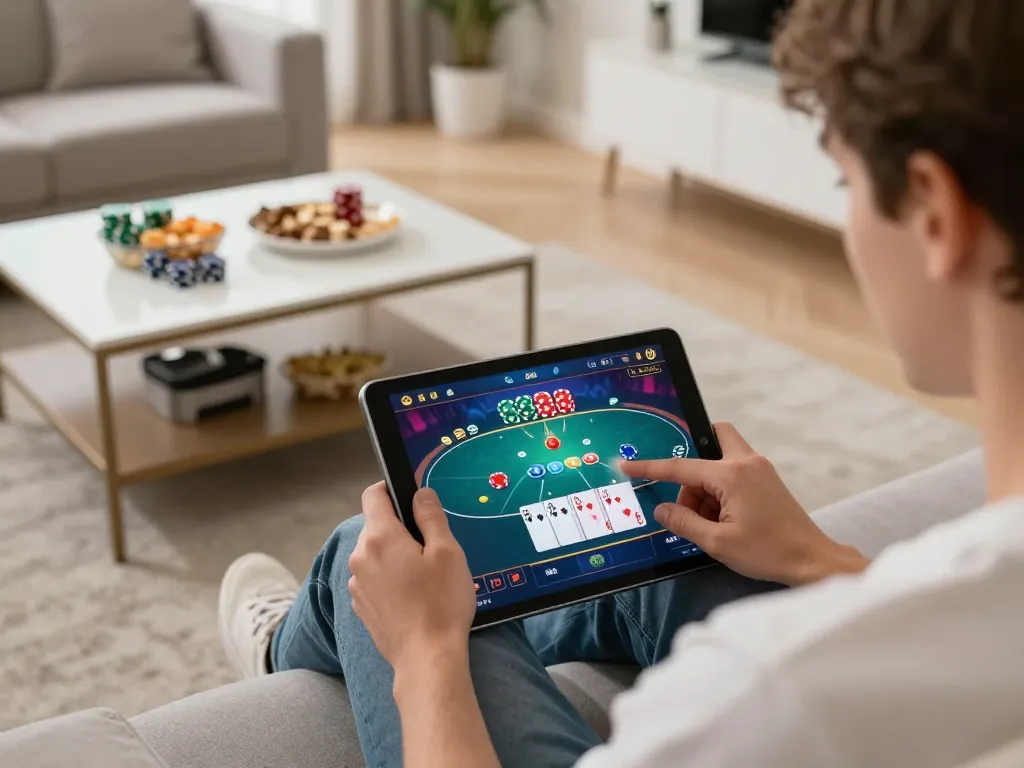 SUNWIN gaming on tablet with player engaged in poker strategy at home, cozy atmosphere