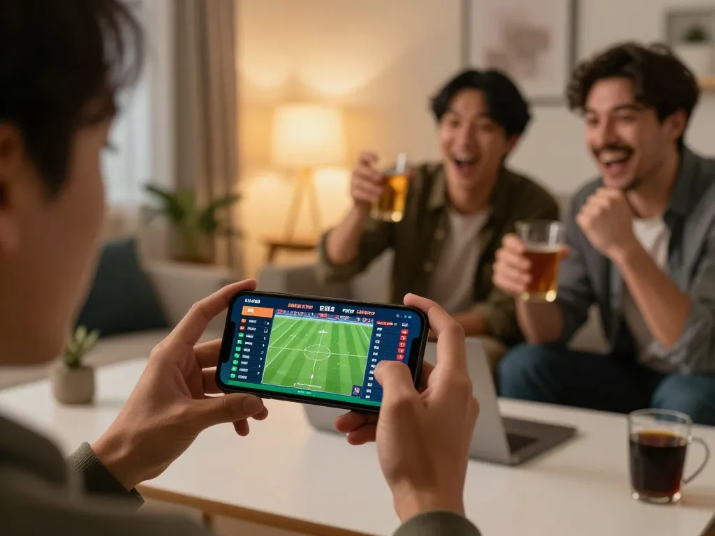 Engaging sports betting moment at au88 with live odds on smartphone and friends celebrating together.