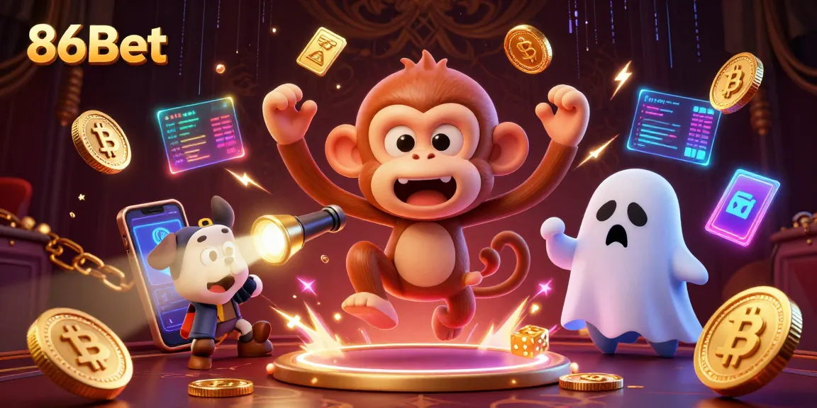 Experience thrilling gameplay at 86Bet with a fun illustration of a poltergeist monkey juggling casino elements.